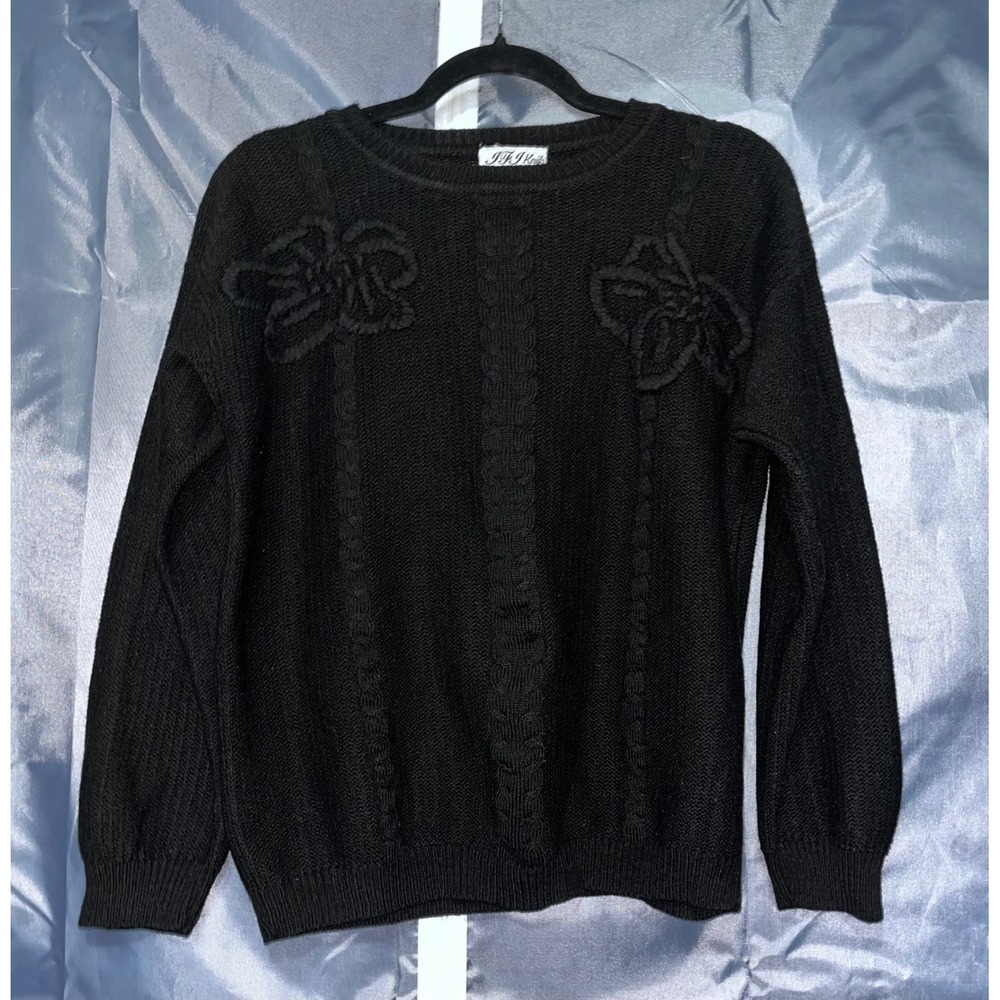 J.F.I. Knits Vintage Black Sweater Floral Applique Cable Knit Detail